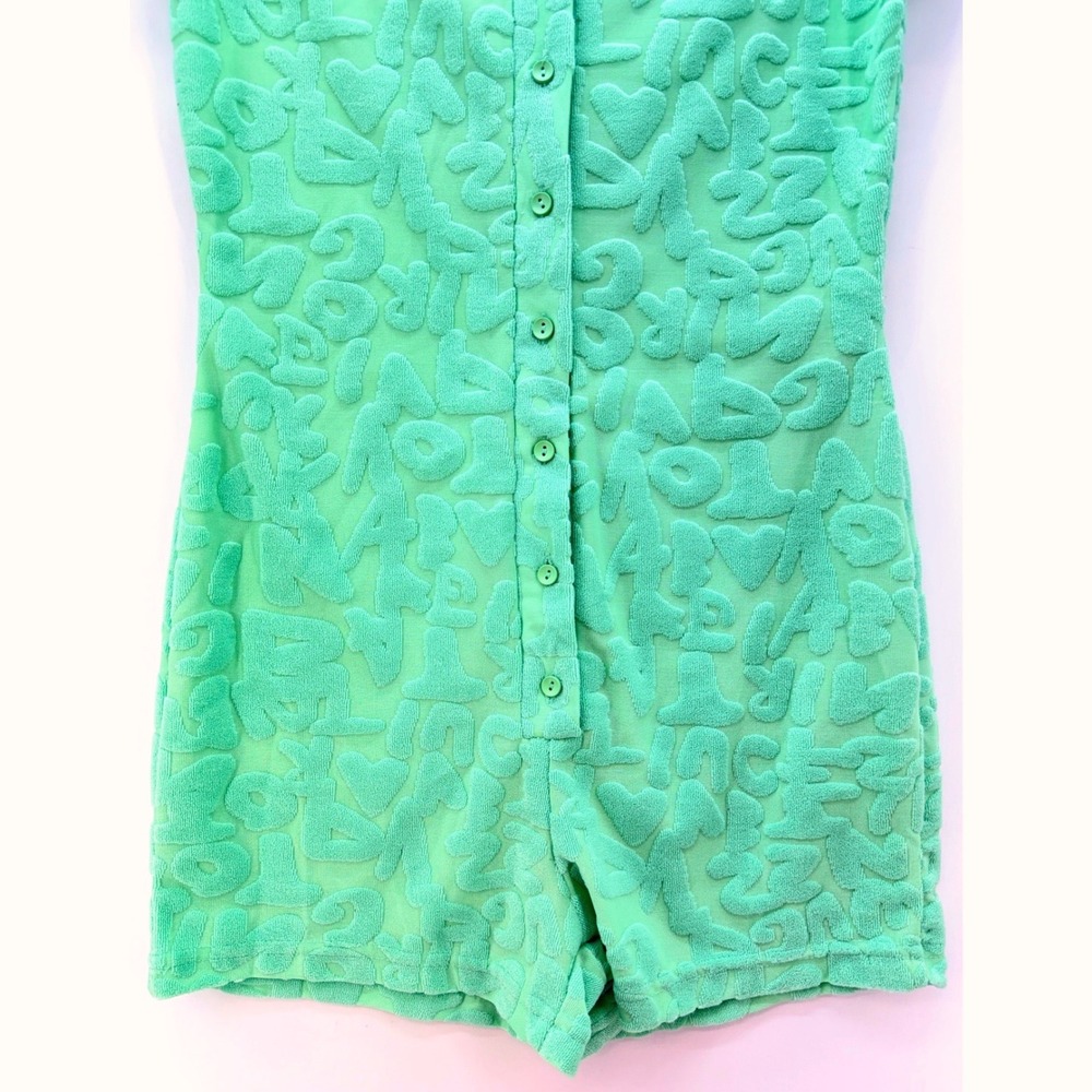 Green Textured Terry Letter Button Front Romper Sz M Y2K Beach Babe Dopamine - Picture 6 of 10